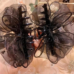 Organza Bow Hair Claw Rhinestone Butterfly Hair Claw for Ponytail