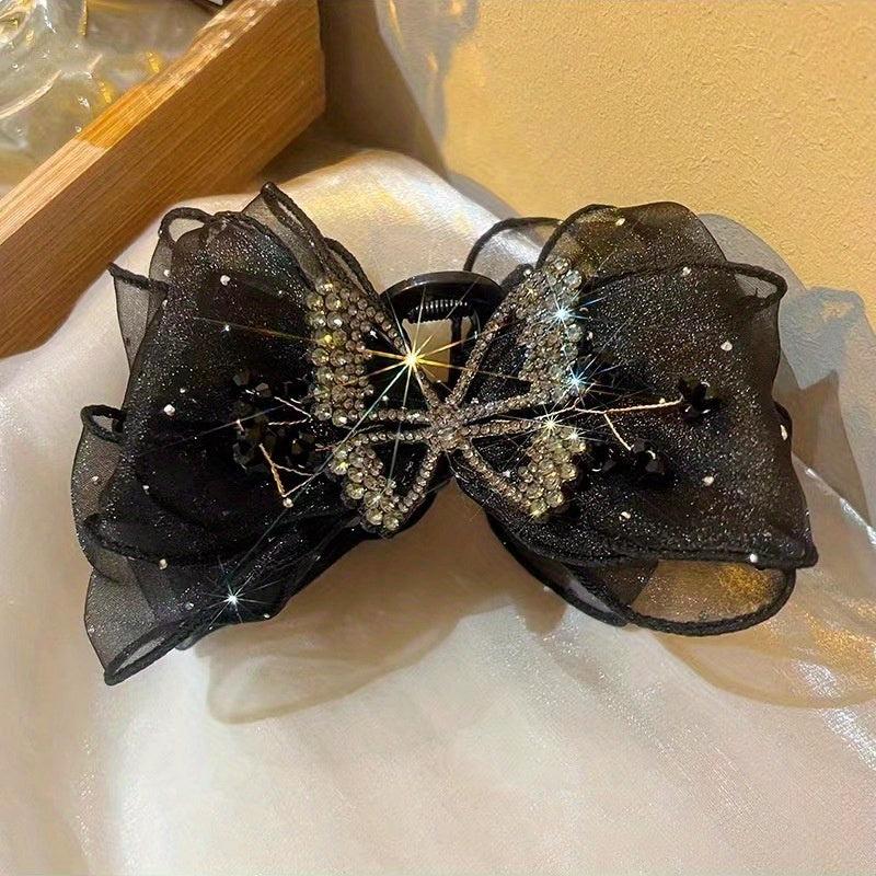 Organza Bow Hair Claw Rhinestone Butterfly Hair Claw for Ponytail