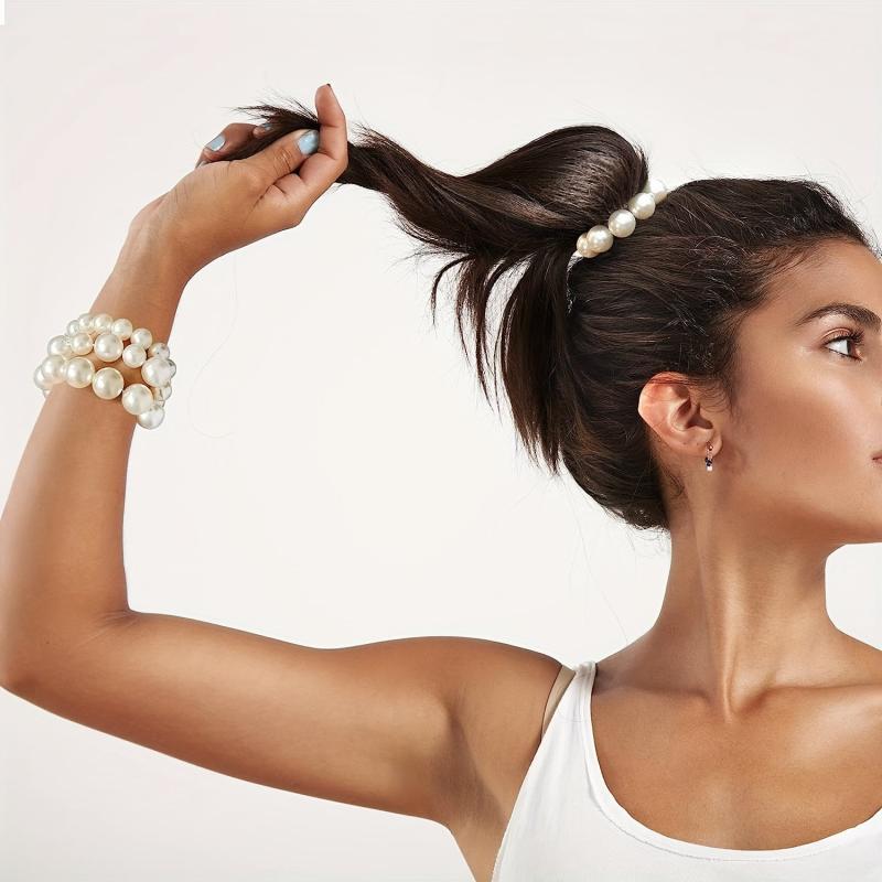 3pcs Faux Pearl Bracelet Hair Tie Resin Hair Rope Elastic Ponytail Holder