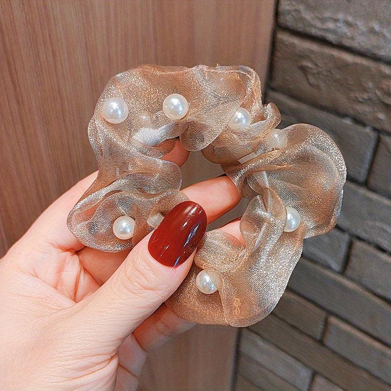 Pearl Organza Scrunchies Hair Tie Style Hair Rope Ponytail Holder