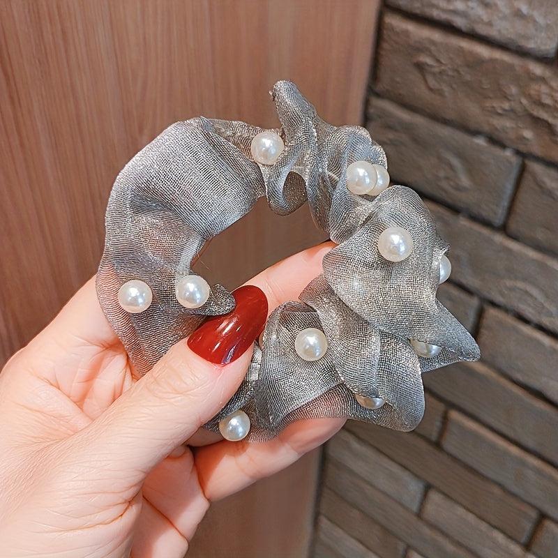 Pearl Organza Scrunchies Hair Tie Style Hair Rope Ponytail Holder