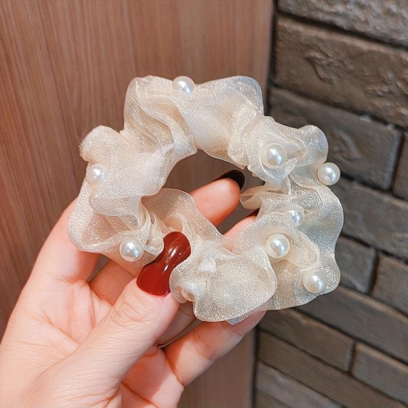Pearl Organza Scrunchies Hair Tie Style Hair Rope Ponytail Holder
