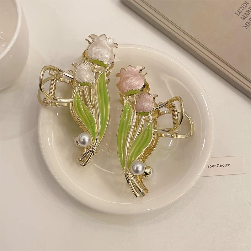 Lily Flower Tulip Hair Claw Faux Pearl Hair Clip