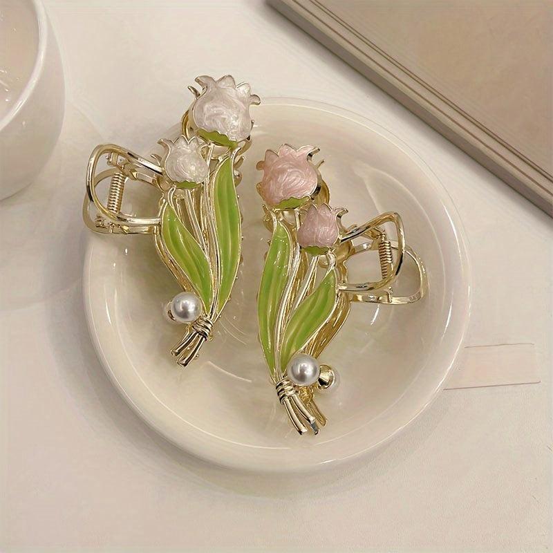 Lily Flower Tulip Hair Claw Faux Pearl Hair Clip