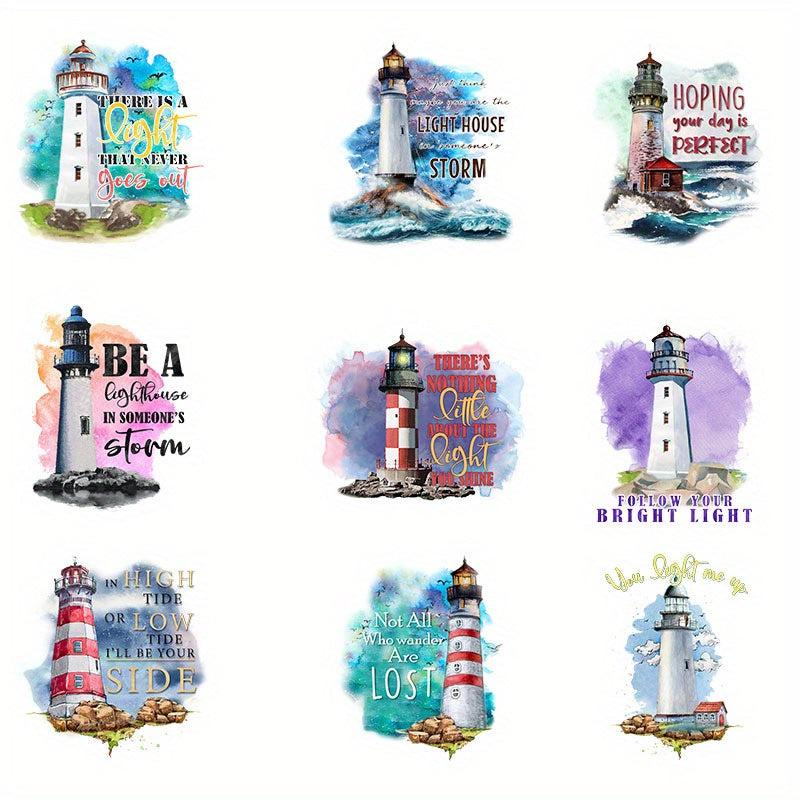 9pcs Lighthouse Prints Iron on Transfer Stickers for DIY Clothing T Shirts