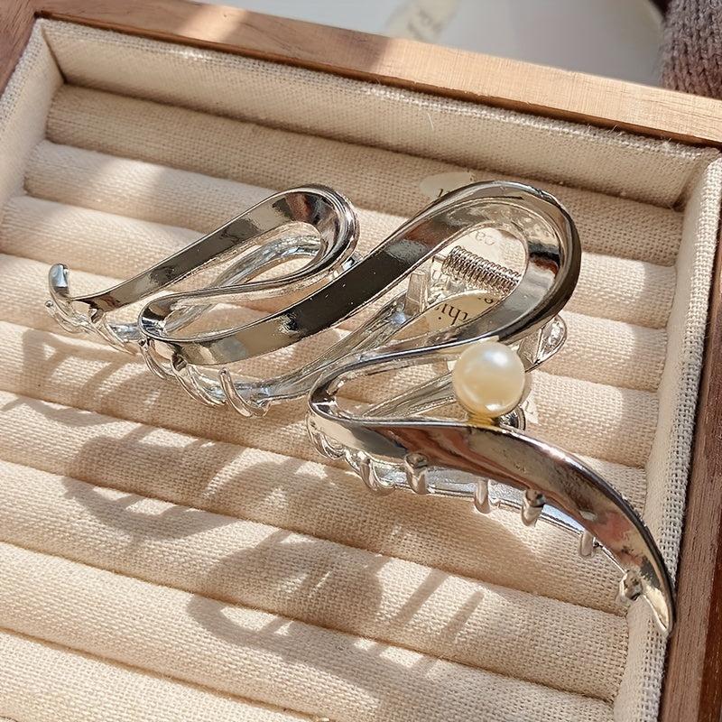 Silvery Golden Wavy Hair Claw Faux Pearl Decor Hair Claw Nonslip Ponytail Holder