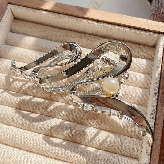 Silvery Golden Wavy Hair Claw Faux Pearl Decor Hair Claw Nonslip Ponytail Holder