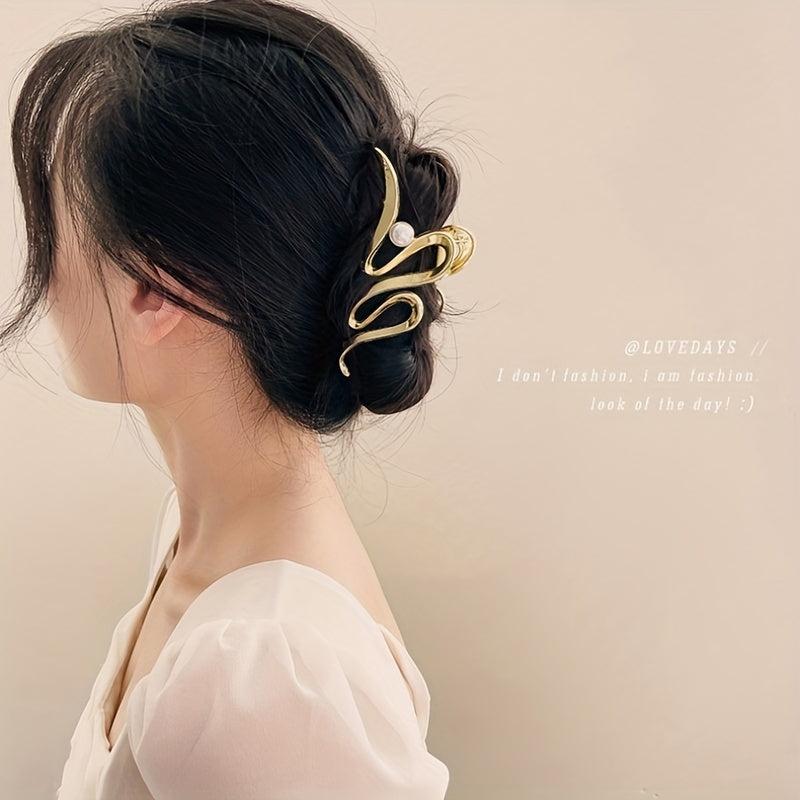 Silvery Golden Wavy Hair Claw Faux Pearl Decor Hair Claw Nonslip Ponytail Holder