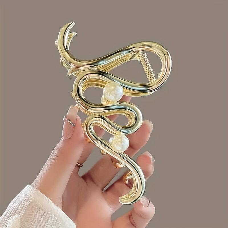 Silvery Golden Wavy Hair Claw Faux Pearl Decor Hair Claw Nonslip Ponytail Holder