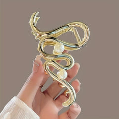 Silvery Golden Wavy Hair Claw Faux Pearl Decor Hair Claw Nonslip Ponytail Holder