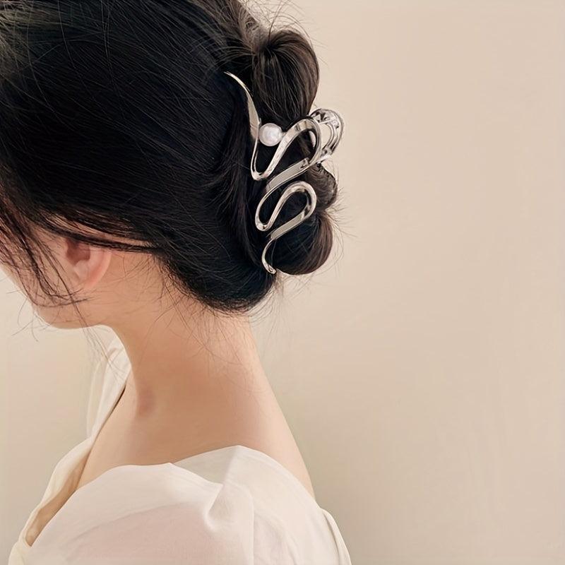 Silvery Golden Wavy Hair Claw Faux Pearl Decor Hair Claw Nonslip Ponytail Holder