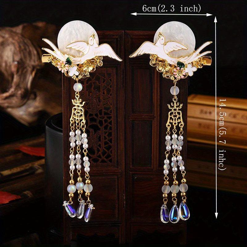 Crane & Fox Hair Clip Faux Jade Tassel Ancient Costume Hair