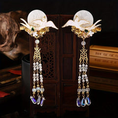 Crane & Fox Hair Clip Faux Jade Tassel Ancient Costume Hair
