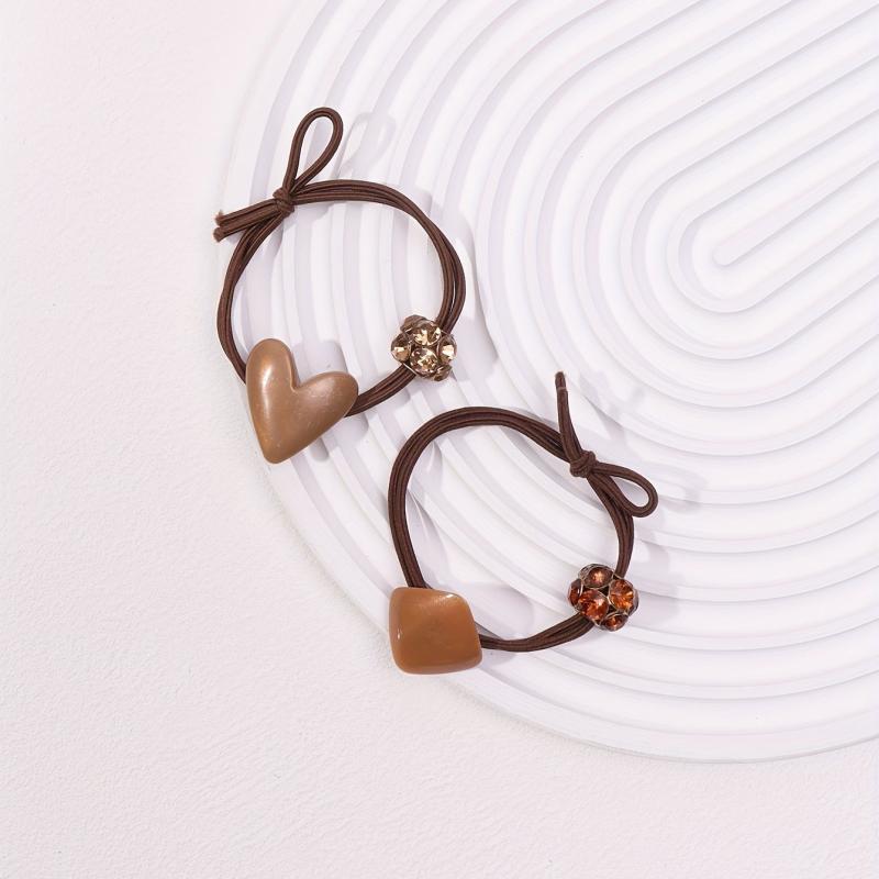 2pcs Heart Geometric Decor Hair Tie Elastic Hair Rope Glitter Rhinestone