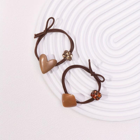 2pcs Heart Geometric Decor Hair Tie Elastic Hair Rope Glitter Rhinestone