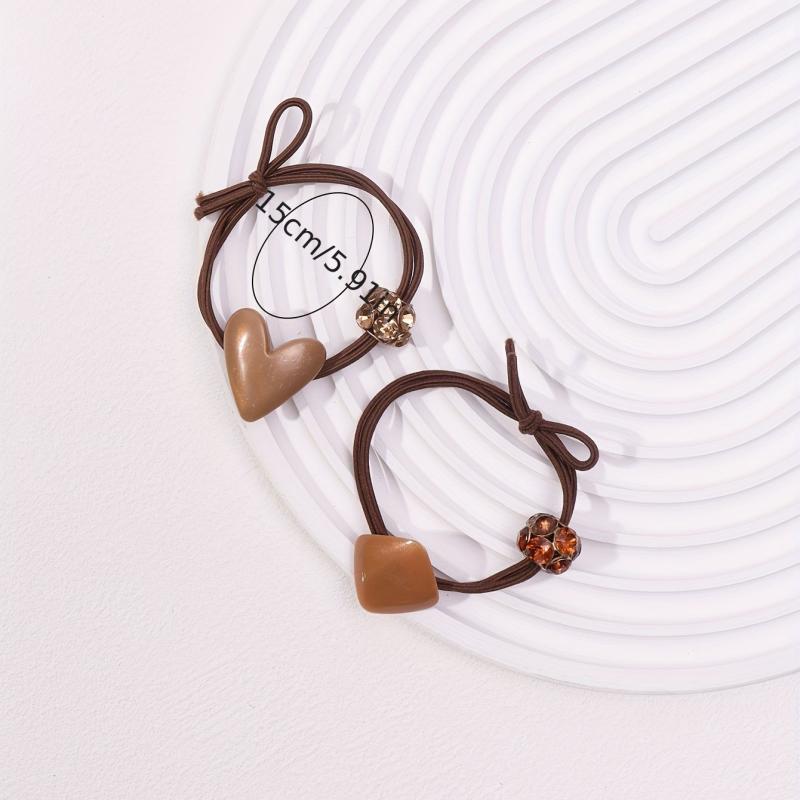 2pcs Heart Geometric Decor Hair Tie Elastic Hair Rope Glitter Rhinestone