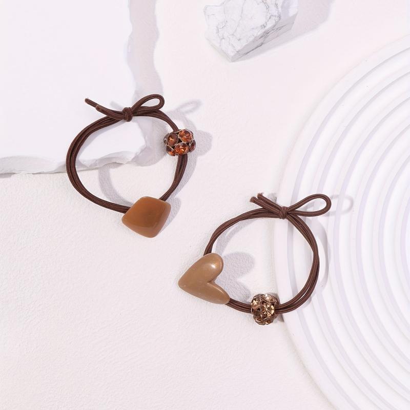 2pcs Heart Geometric Decor Hair Tie Elastic Hair Rope Glitter Rhinestone