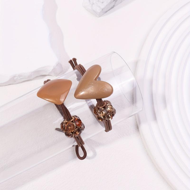 2pcs Heart Geometric Decor Hair Tie Elastic Hair Rope Glitter Rhinestone
