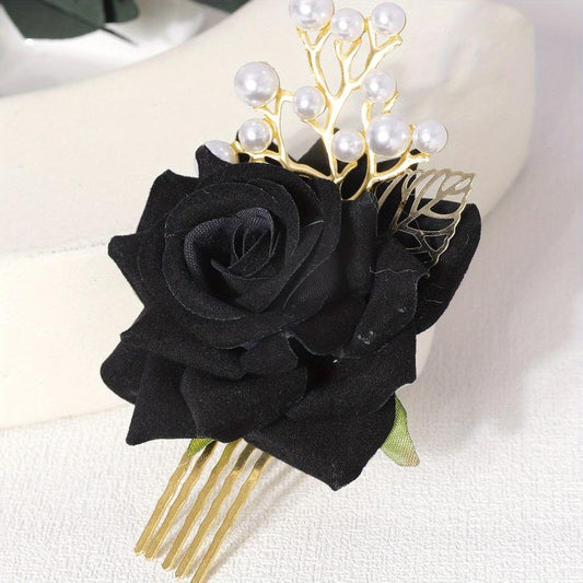 Rose & Faux Pearl Decor Hair Comb Hair Pin Wedding Headwear