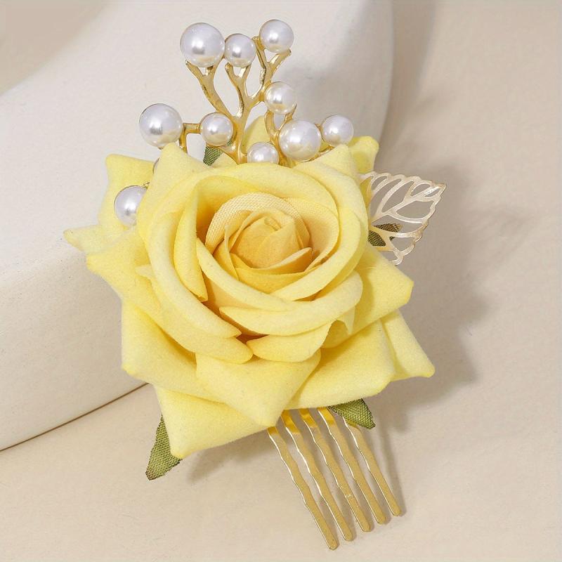 Rose & Faux Pearl Decor Hair Comb Hair Pin Wedding Headwear