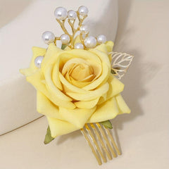 Rose & Faux Pearl Decor Hair Comb Hair Pin Wedding Headwear