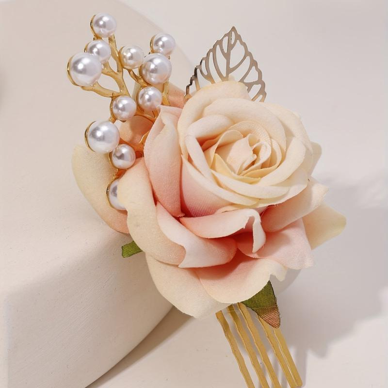 Rose & Faux Pearl Decor Hair Comb Hair Pin Wedding Headwear