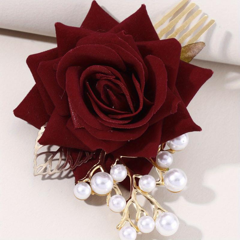 Rose & Faux Pearl Decor Hair Comb Hair Pin Wedding Headwear