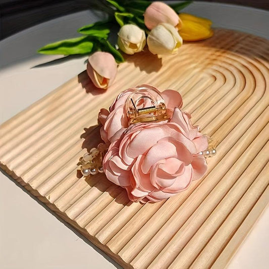 Flower Mesh Faux Pearl Hair Clip Back Head Hair Claw Female Headdress