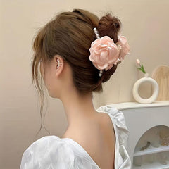 Flower Mesh Faux Pearl Hair Clip Back Head Hair Claw Female Headdress