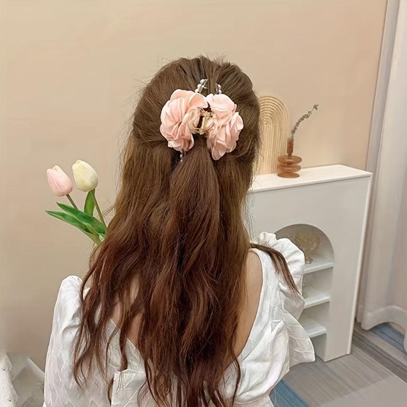 Flower Mesh Faux Pearl Hair Clip Back Head Hair Claw Female Headdress