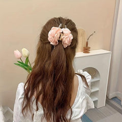 Flower Mesh Faux Pearl Hair Clip Back Head Hair Claw Female Headdress