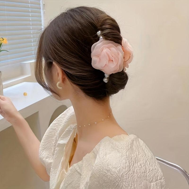 Flower Mesh Faux Pearl Hair Clip Back Head Hair Claw Female Headdress