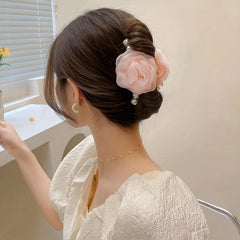 Flower Mesh Faux Pearl Hair Clip Back Head Hair Claw Female Headdress