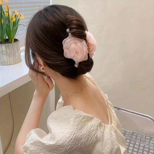 Flower Mesh Faux Pearl Hair Clip Back Head Hair Claw Female Headdress