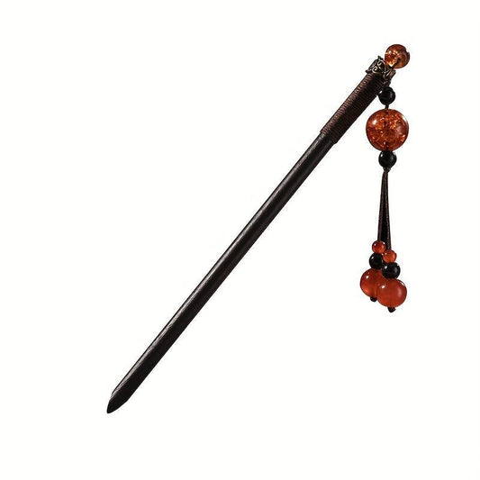 Red Beads Pendant Hairpin Wooden Hair Stick Ponytail Holder