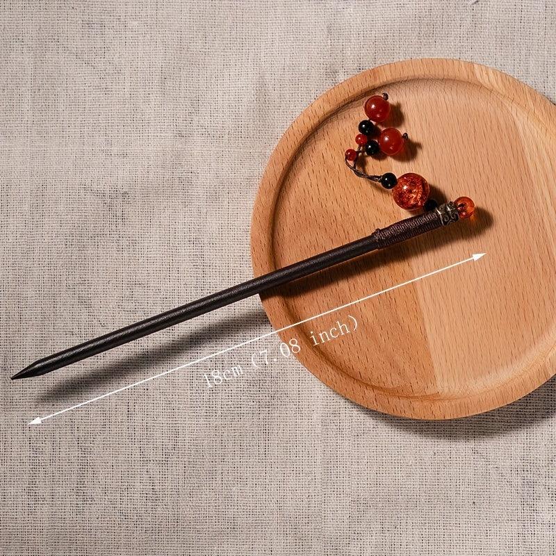 Red Beads Pendant Hairpin Wooden Hair Stick Ponytail Holder