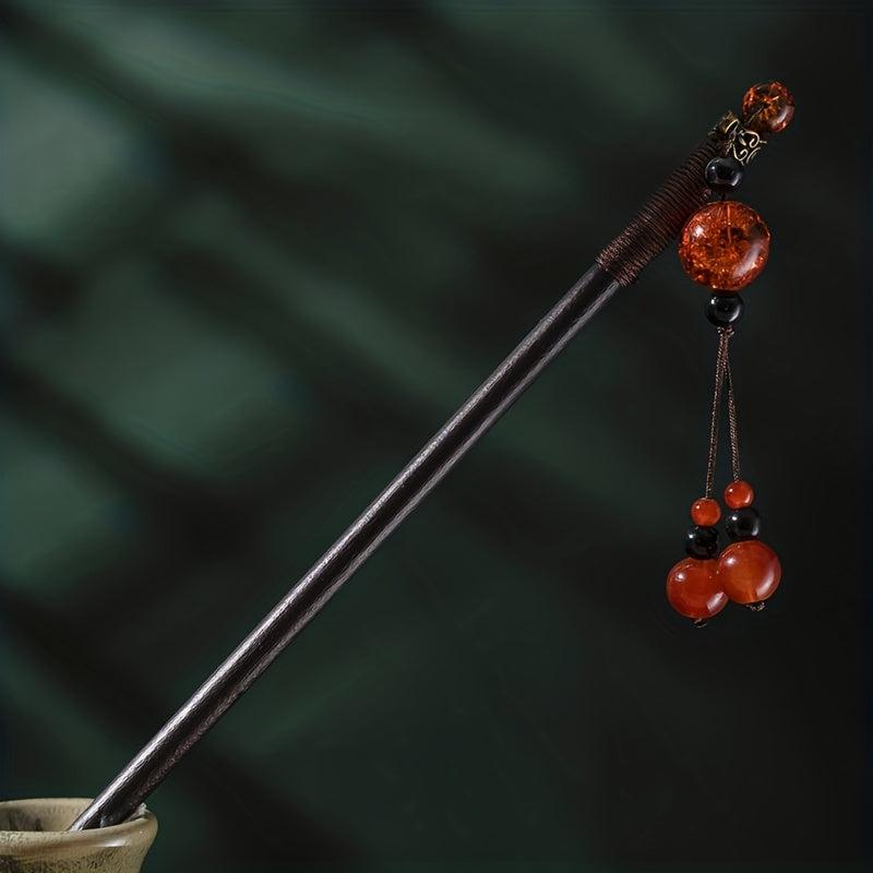 Red Beads Pendant Hairpin Wooden Hair Stick Ponytail Holder