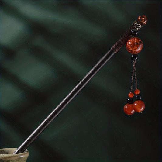 Red Beads Pendant Hairpin Wooden Hair Stick Ponytail Holder