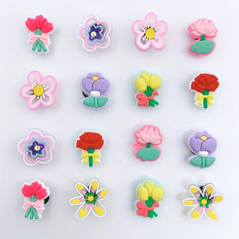 16pcs Flower Shape Shoe Charm PVC Rubber Clogs DIY Accessories
