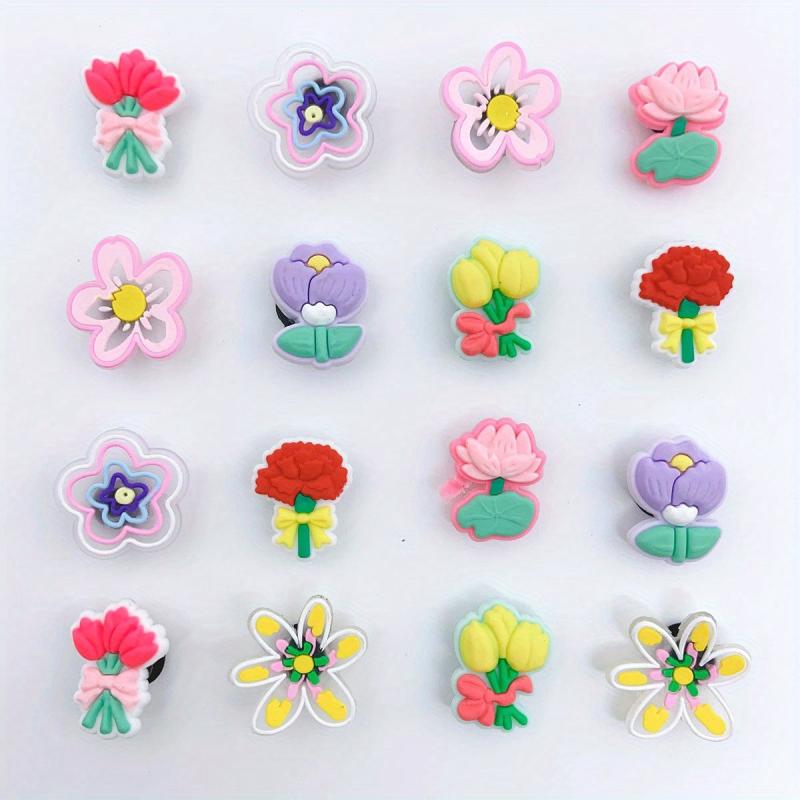 16pcs Flower Shape Shoe Charm PVC Rubber Clogs DIY Accessories