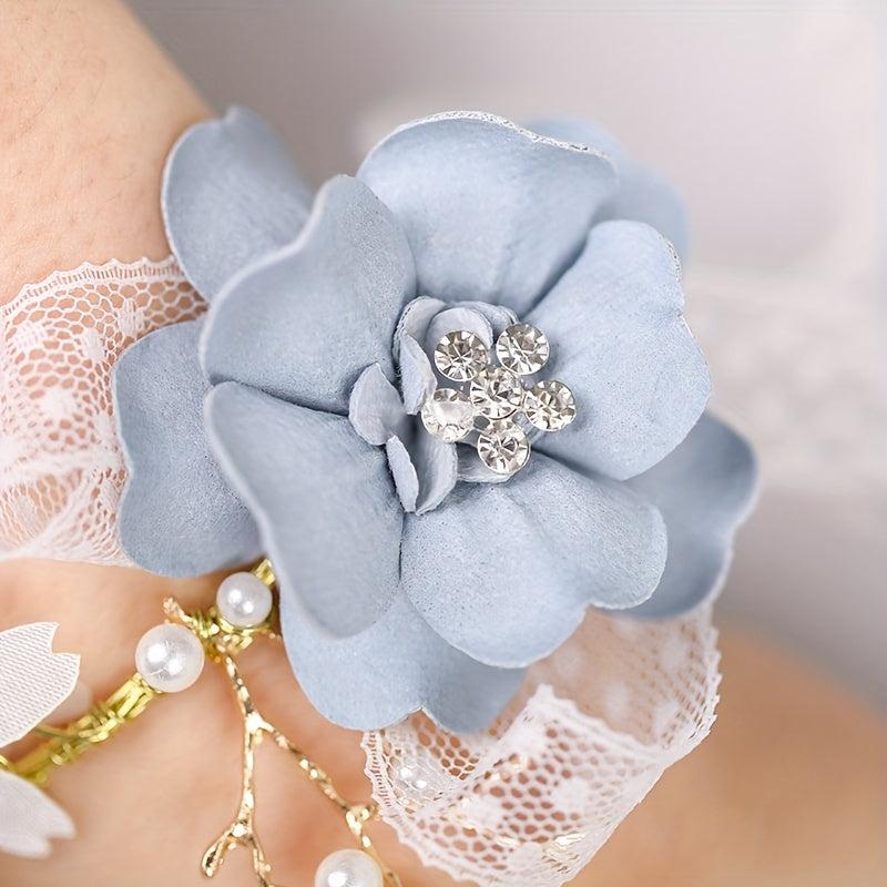 Bridal Flower Wrist Band Bridesmaid Faux Pearl Dressing Accessories