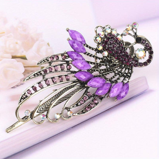 Vintage Rhinestone Peacock Hair Clip for Women