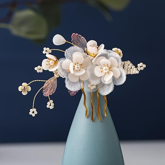 Chinese Style Faux Pearl Floral U-shaped Hair Pin