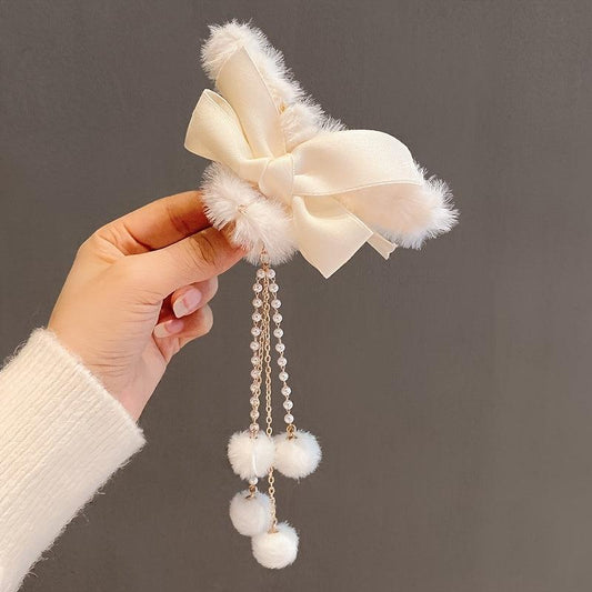 2pcs Faux Pearls Tassel Hair Claws Sweet Long Hair Hold Plush Clips