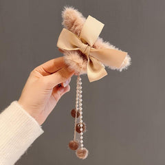 2pcs Faux Pearls Tassel Hair Claws Sweet Long Hair Hold Plush Clips