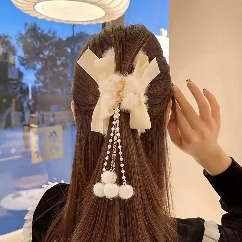2pcs Faux Pearls Tassel Hair Claws Sweet Long Hair Hold Plush Clips