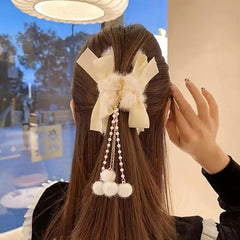 2pcs Faux Pearls Tassel Hair Claws Sweet Long Hair Hold Plush Clips
