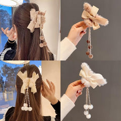2pcs Faux Pearls Tassel Hair Claws Sweet Long Hair Hold Plush Clips