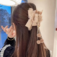 2pcs Faux Pearls Tassel Hair Claws Sweet Long Hair Hold Plush Clips