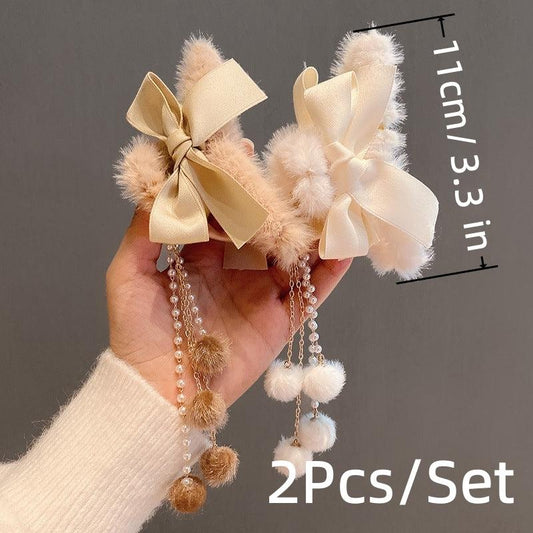 2pcs Faux Pearls Tassel Hair Claws Sweet Long Hair Hold Plush Clips